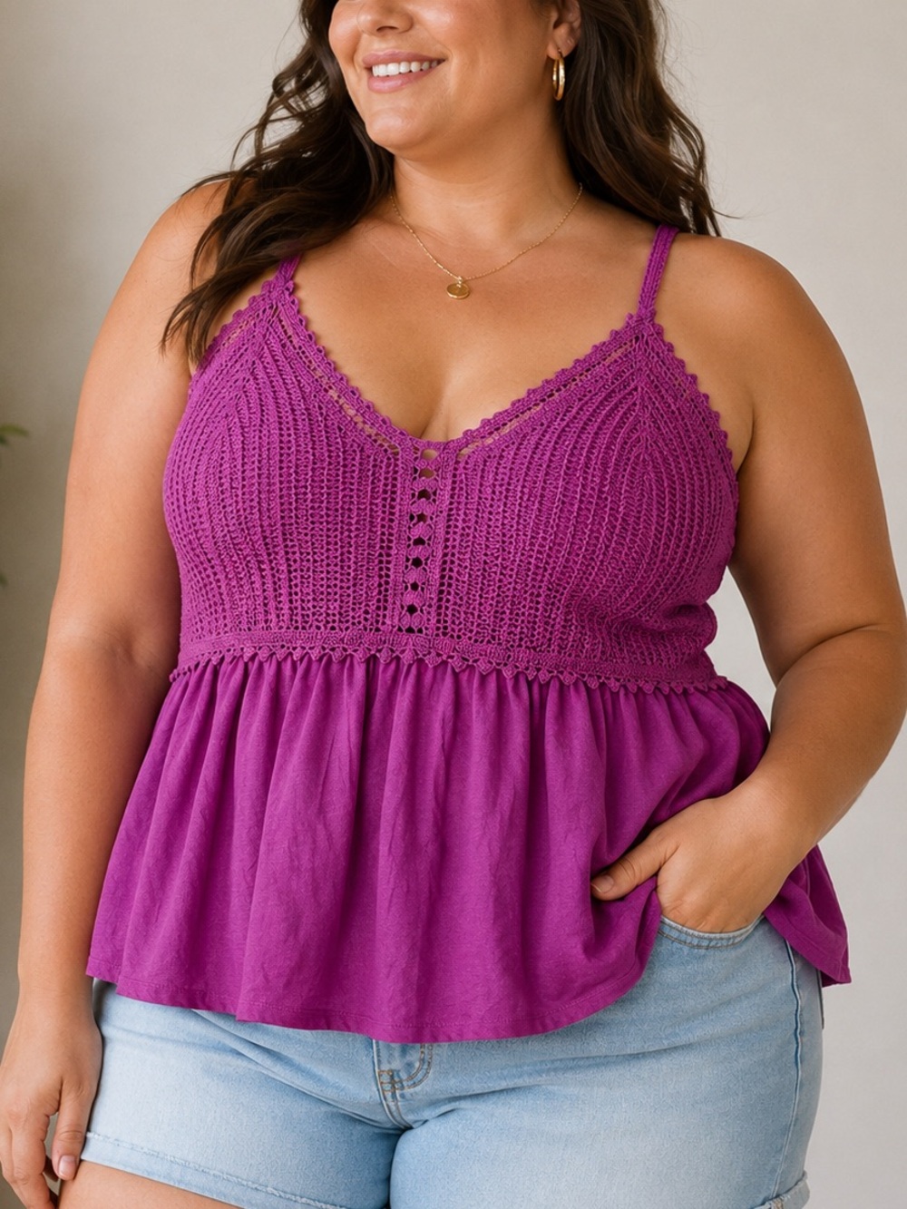 Old Navy Magenta Crochet Peplum Tank Top Spaghetti Strap Women’s 3X Boho